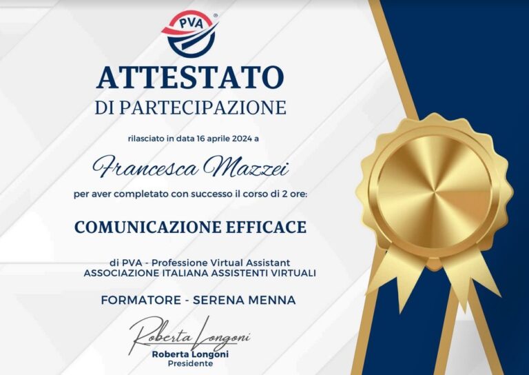 Attestato Comunicazione Efficace PVA Francesca Mazzei